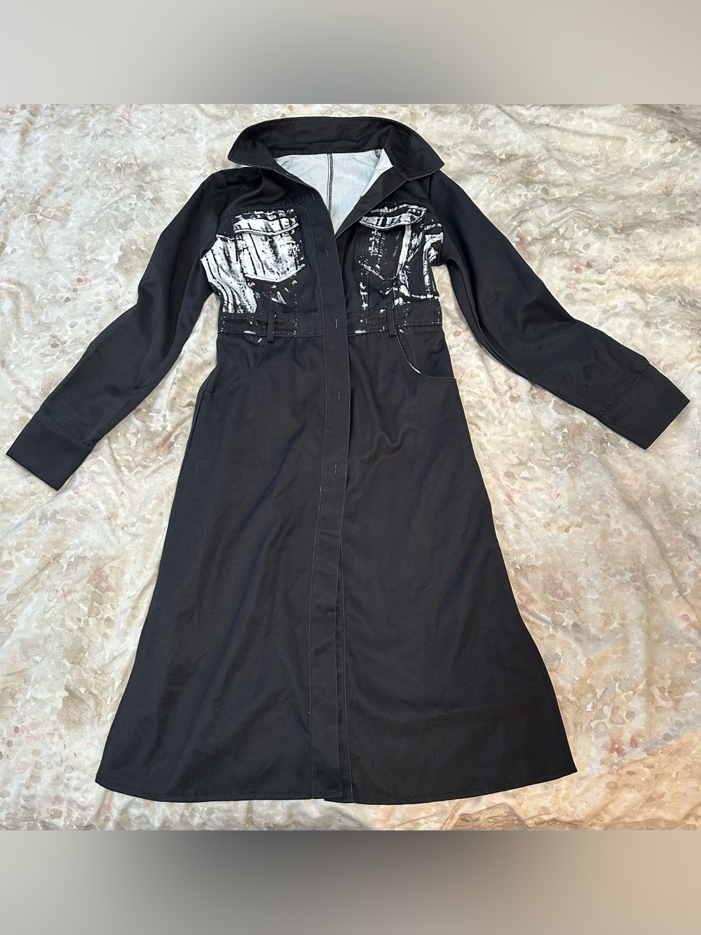 SHEIN Black Long Sleeve Shirt Dress with White Graphic Bust